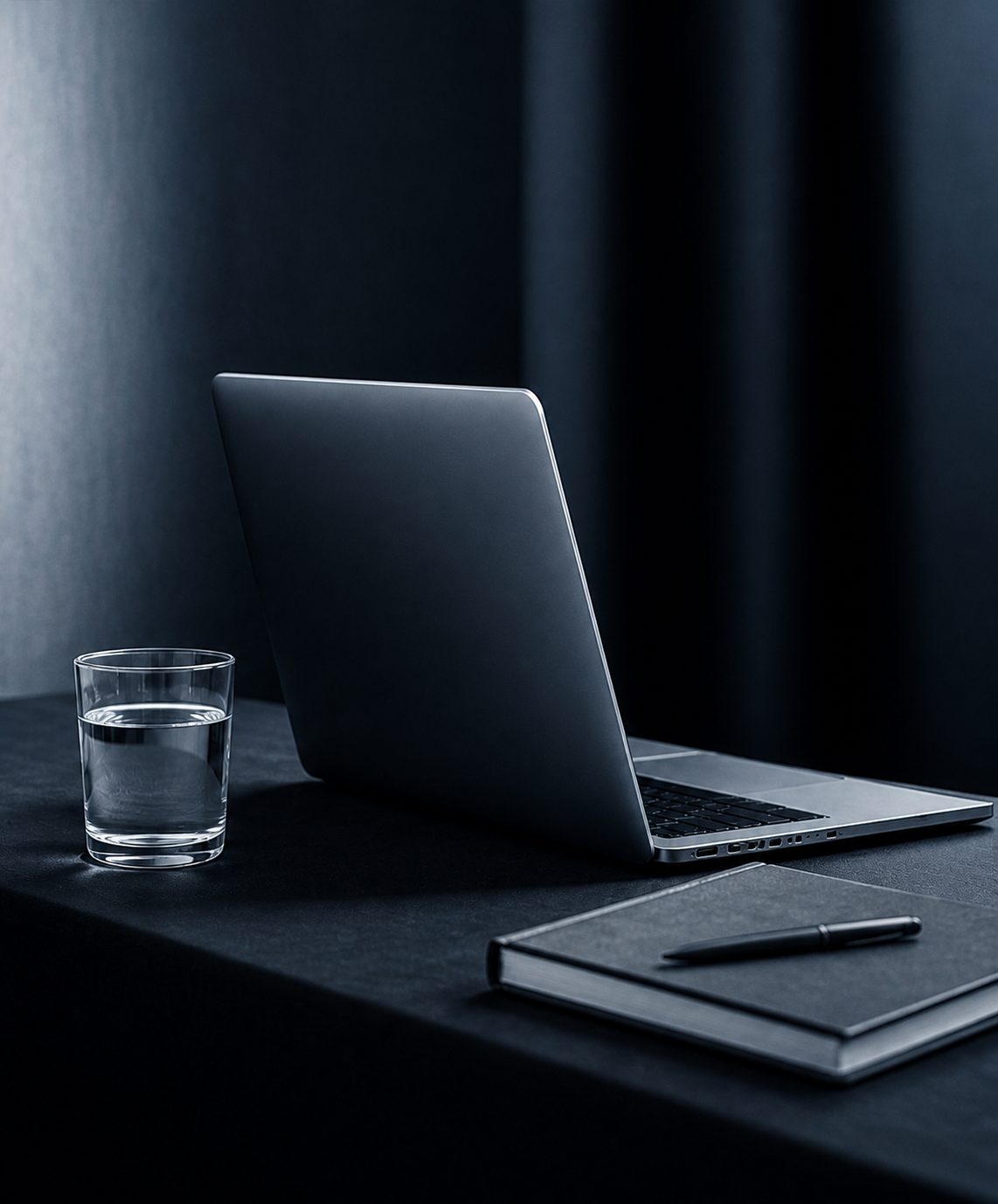 A laptop, a notebook and a glass of water on a dark desk